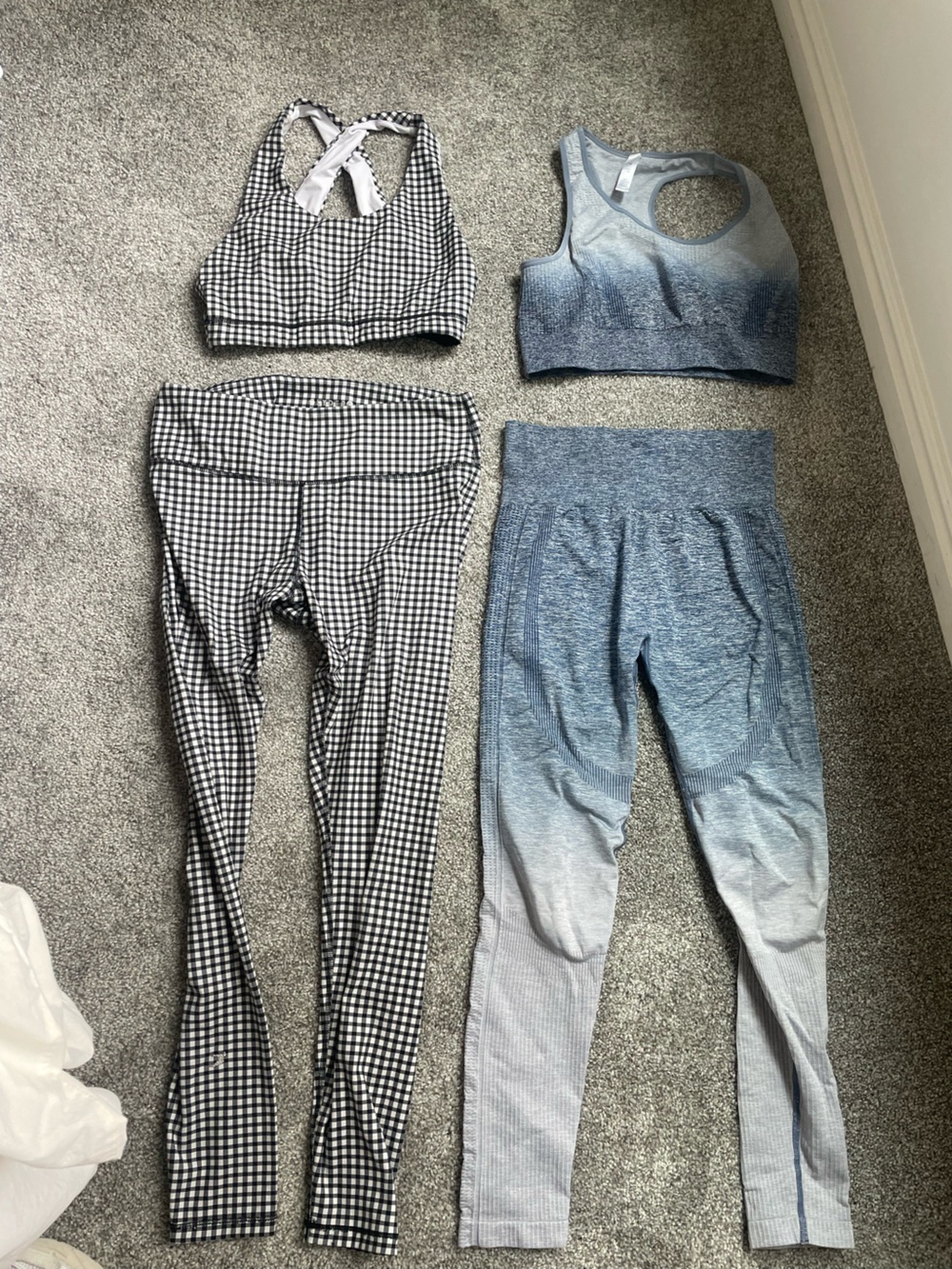 Workout bundle 2 sets! Glyder Black and White Gingham set and ombré blue set
